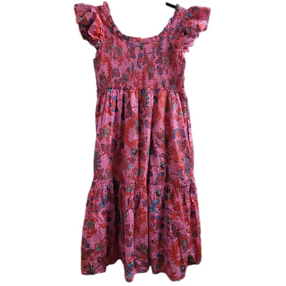 Tuckernuck Pink Floral Smocked Dress Ruffle Sleeve Tiered Midi Cotton XL - Picture 2 of 10